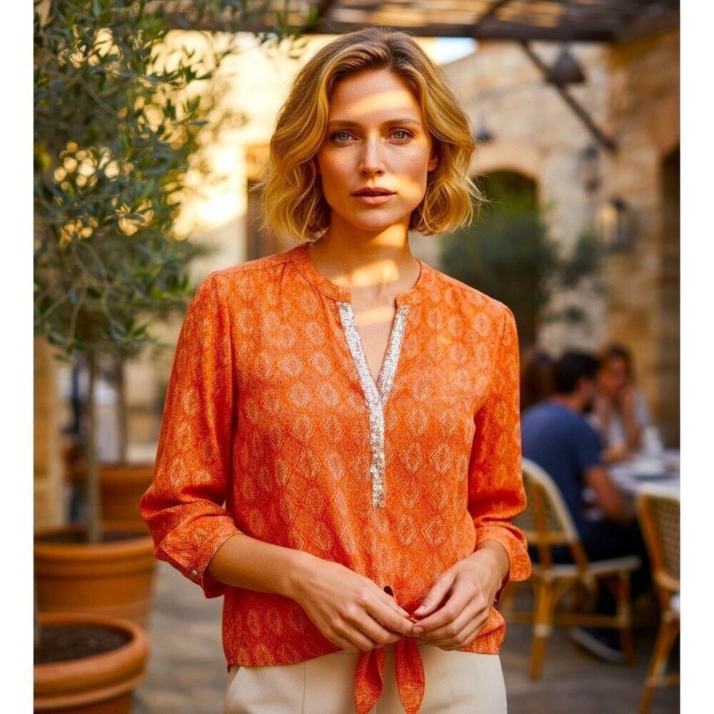 Chico’s Orange Geometric Sequin Trim Tie-Front Blouse Top Size 3/XL